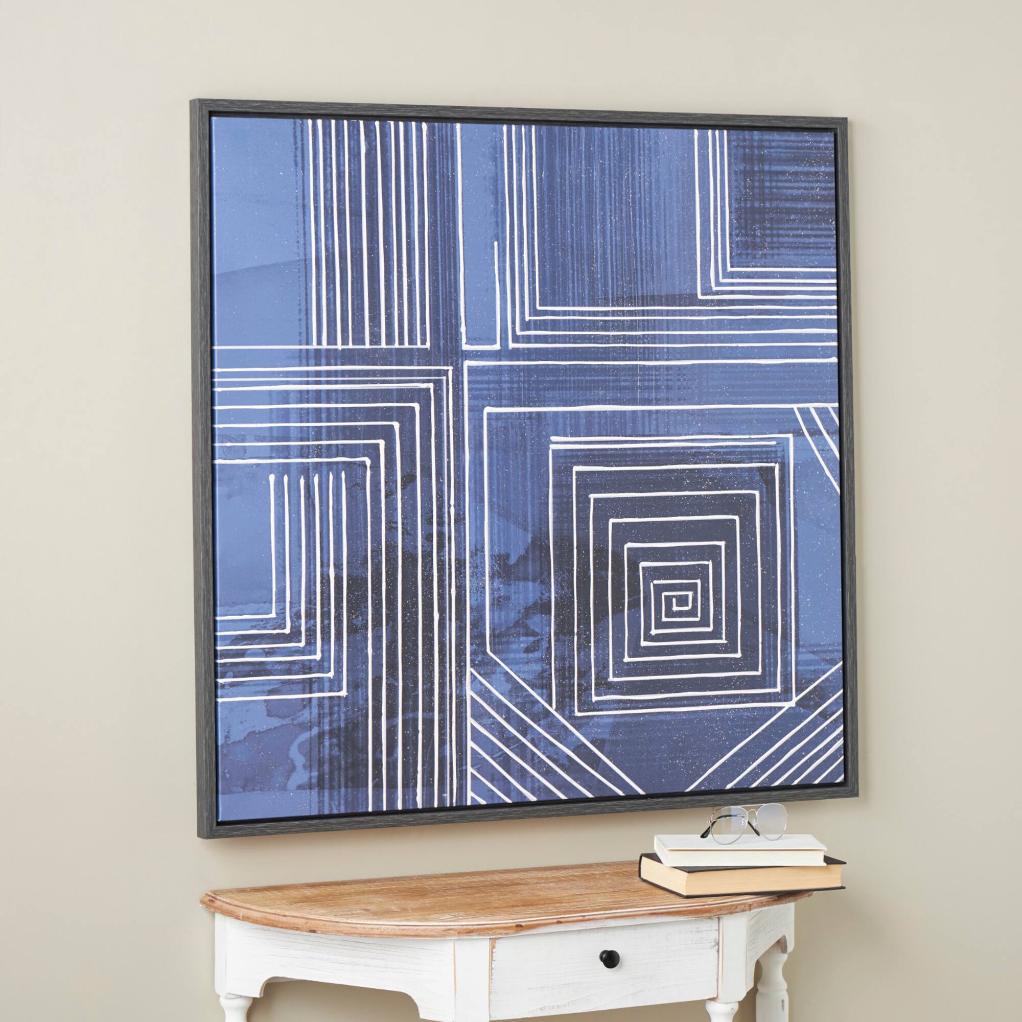 40" x 40" Blue Canvas Geometric Framed Wall Art with White Square Outlines